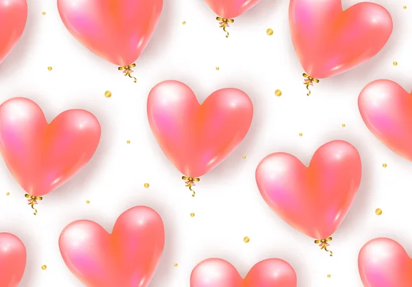 Fondo de vacaciones vectorial con realista 3D volando montón de corazones de globos de aire y partículas de confeti. Invitación al día de San Valentín o boda de moda, cartel o decoración festiva — Archivo Imágenes Vectoriales