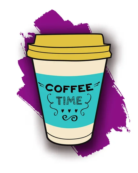 Vetor ilustração colorida de copo de café take-out com letras. Cartaz da moda para bebidas e bebidas menu ou design de café . — Vetor de Stock