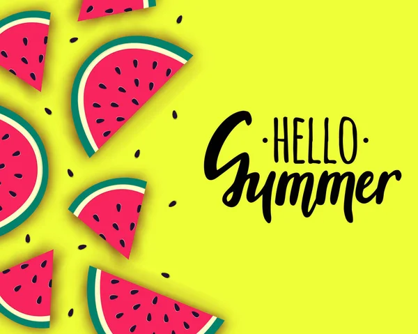 Vector Hello Fond d'été avec des tranches de pastèque mûres juteuses dans le style de coupe de papier. Illustration des aliments sains . — Image vectorielle