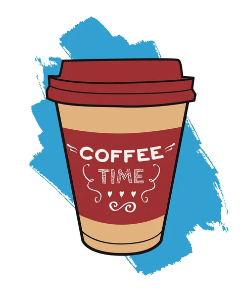 벡터 다채로운 일러스트와 레터링이 있는 테이크 아웃 커피 컵. 음료 및 음료 메뉴 또는 카페 디자인을위한 최신 포스터. — 스톡 벡터