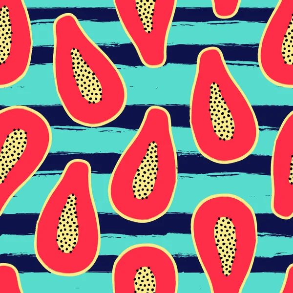 파파야 슬라이스 과일과 줄무늬와 벡터 열대 원활한 패턴. 섬유, 포스터, 배너, 인쇄를위한 트렌디 한 여름 디자인 — 스톡 벡터