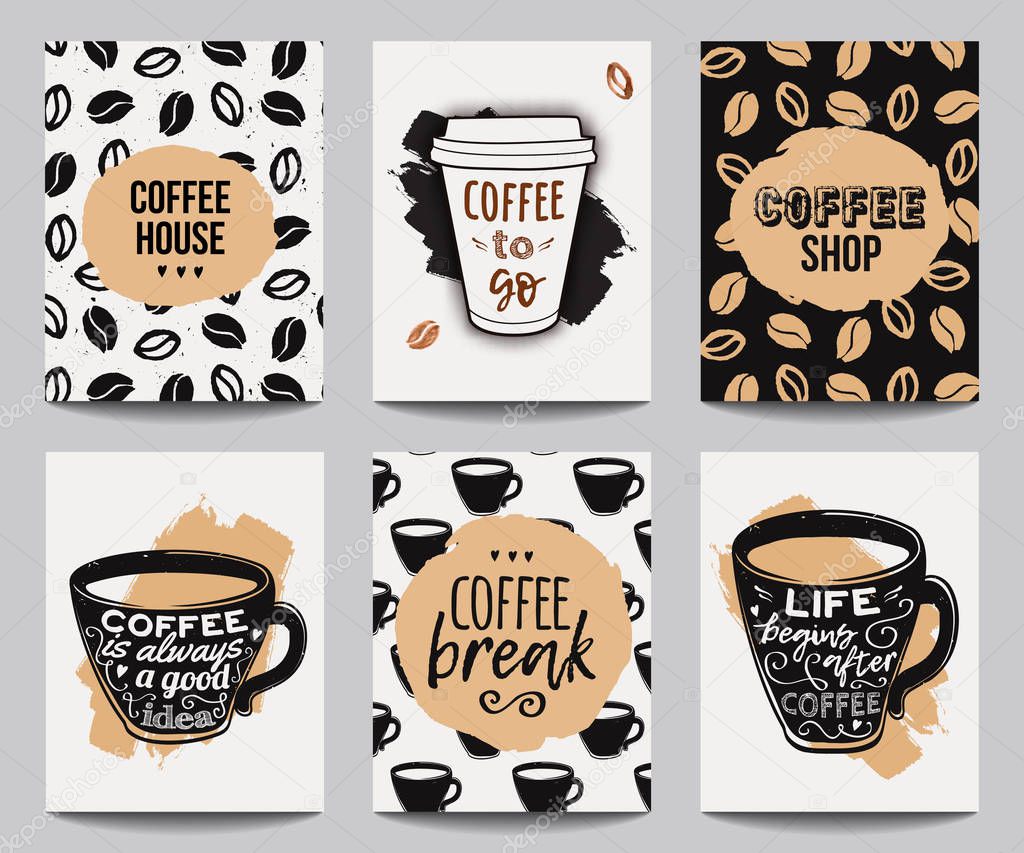 Vector set of modern posters with coffee backgrounds. Trendy hipster templates for flyers, banners, invitations, restaurant or cafe menu design. 