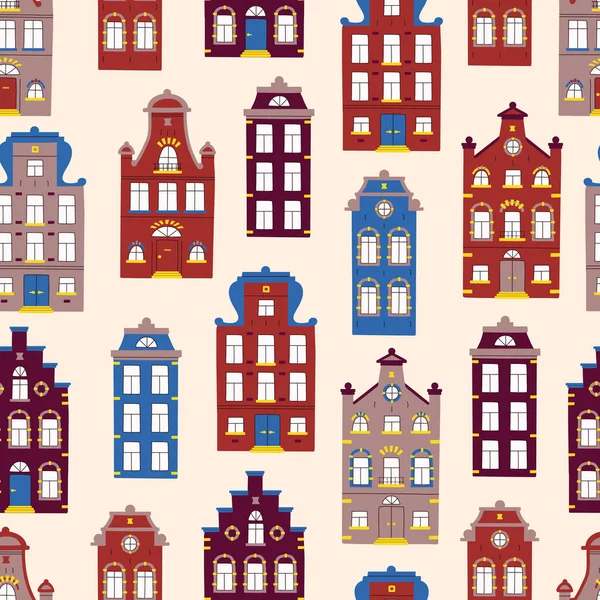 Vector Cute Seamless Pattern Doodle Traditional Houses Vector Background Multi — Stock Vector