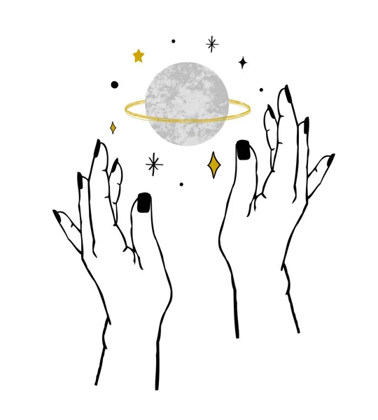 Vector Illustration Women Hands Holding Textured Planet Stars Trendy Linear — 图库矢量图片