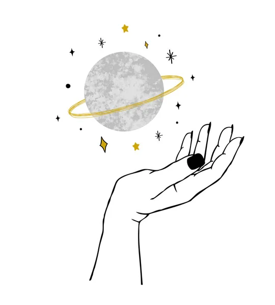 Vector Illustration Women Hand Holding Textured Planet Stars Trendy Linear — ストックベクタ