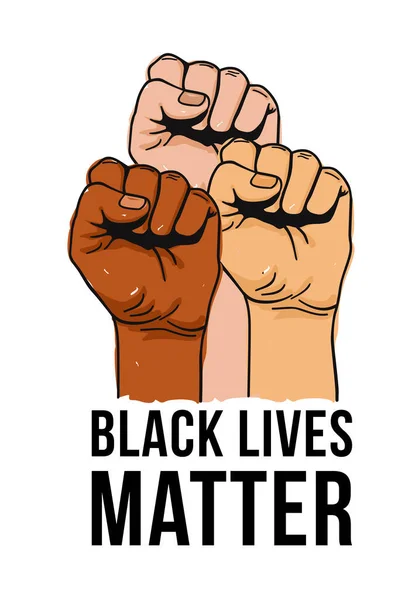 Illustrazione Vettoriale Del Testo Black Lives Matter Pugni Stretti Tenuti — Vettoriale Stock