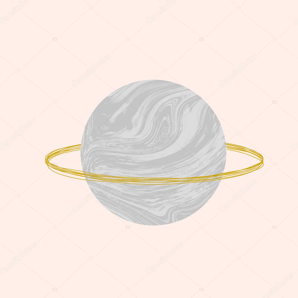 Vector illustration with Saturn with marble stone texture. Trendy Cosmic minimalistic landscape scene with ebru textured planet. Pastel grunge