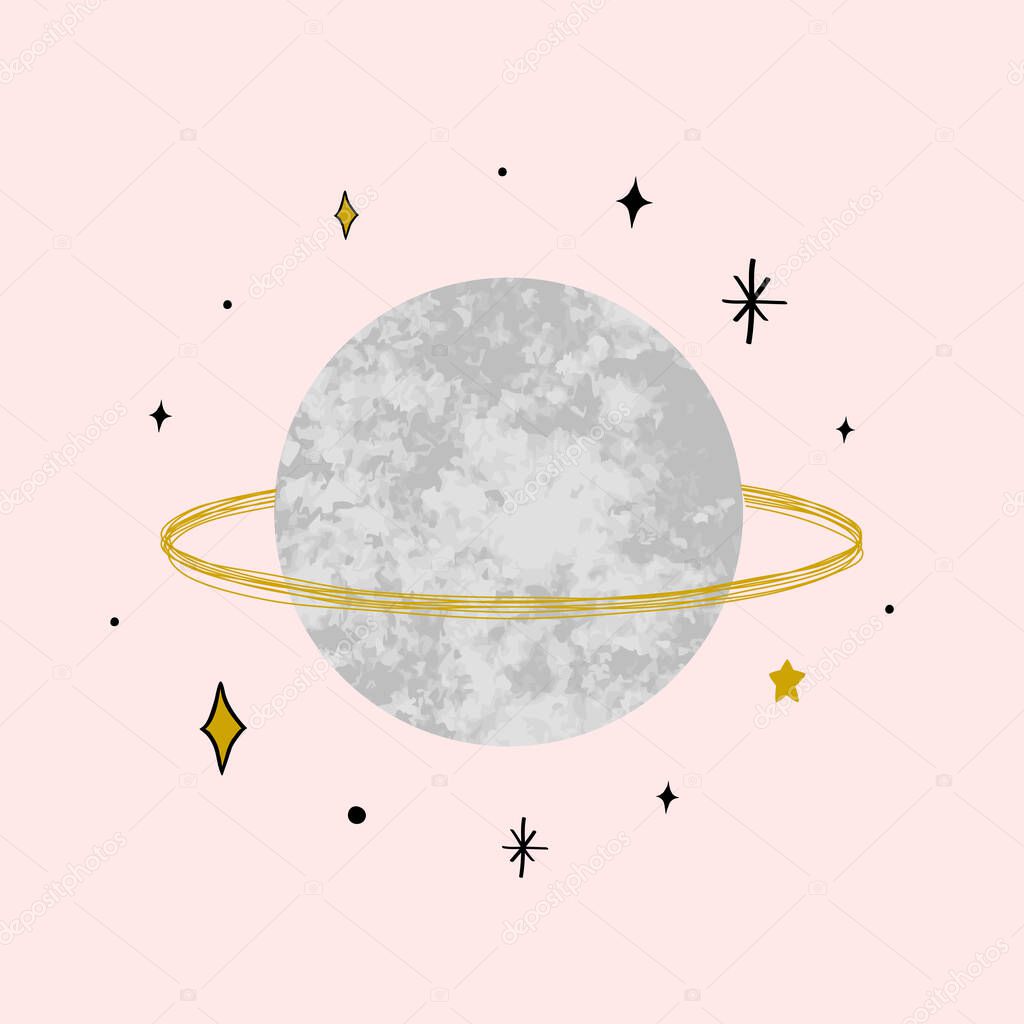 Vector illustration with Saturn with marble texture. Trendy Cosmic minimalistic landscape scene with stone textured planet and stars. Pastel grunge
