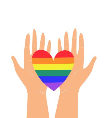 LGBTQ + gökkuşağı kalp renklerini tutan iki elin vektör çizimi. Gurur, özgürlük, eşitlik, haklar, lezbiyen, eşcinsel, biseksüel, transseksüel aşk ve homoseksüellik kavramı. Tişört izi, amblem ya da logo