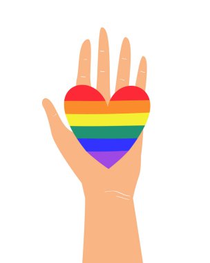 LGBTQ + gökkuşağı kalp renklerini tutan ellerin vektör çizimi. Gurur, özgürlük, eşitlik, haklar, lezbiyen, eşcinsel, biseksüel, transseksüel aşk ve homoseksüellik kavramı. Tişört izi, amblem ya da logo