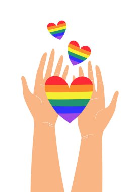 LGBTQ + gökkuşağı kalp renklerini tutan iki elin vektör çizimi. Gurur, özgürlük, eşitlik, haklar, lezbiyen, eşcinsel, biseksüel, transseksüel aşk ve homoseksüellik kavramı. Tişört izi, amblem ya da logo