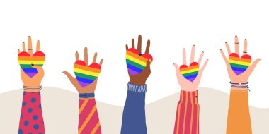 Çizgi film çizimi düz eller gökkuşağı renginde kalpleri tutuyor. LGBTQ + Aşk, Özgürlük, Barış, Lezbiyen sembolü. Gay Gurur Topluluğu Ayı