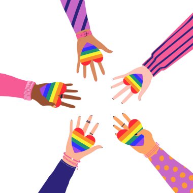 Çizgi film çizimi düz eller gökkuşağı renginde kalpleri tutuyor. LGBTQ + Aşk, Özgürlük, Barış, Lezbiyen sembolü. Gay Gurur Topluluğu Ayı