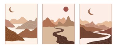 Soyut, soyut, estetik arka plan seti dağları, yolları, gündoğumunu, günbatımını barındırıyor. Boho duvar dekoru düz stil. Orta yüzyıl modern minimalist sanat ve tasarım