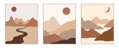 Soyut, soyut, estetik arka plan seti dağları, yolları, gündoğumunu, günbatımını barındırıyor. Boho duvar dekoru düz stil. Orta yüzyıl modern minimalist sanat ve tasarım