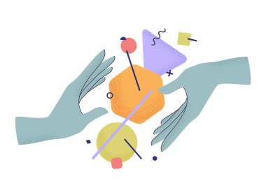 Çizgi filmlerdeki insan ellerinin soyut geometrik elementleri, modayı takip eden desenli gölgelerle tutuşu. Fikir, çözüm, araştırma, işbirliği, iş. İzole edilmiş arkaplan