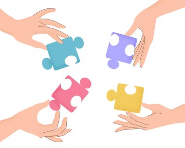 Karikatür insan ellerinin yapboz parçalarını tutarken modadan desenli gölgeleri olan vektör çizimi. Takım çalışması kavramı, araştırma, işbirliği, iş. Yapboz elementlerini bağlayan kollar izole edildi