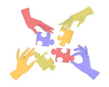 Karikatür insan ellerinin yapboz parçalarını tutarken modadan desenli gölgeleri olan vektör çizimi. Takım çalışması kavramı, araştırma, işbirliği, iş. Yapboz elementlerini bağlayan kollar izole edildi