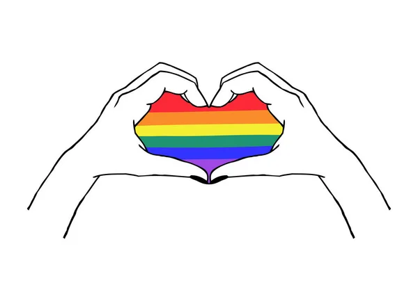 Lgbtq レインボーフラッグの色を作る2人の手のベクトルイラスト プライド レズビアン バイセクシャル トランスジェンダーの愛と同性愛の概念 Tシャツプリント エンブレムまたはロゴ — ストックベクタ