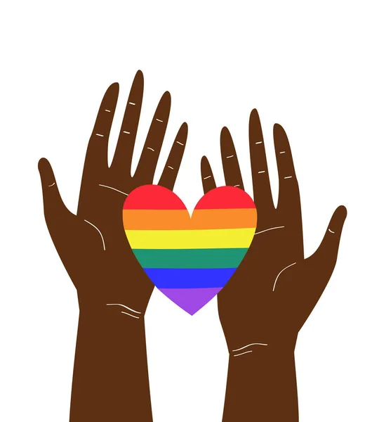 Vector Illustration Two Black Hands Holding Lgbtq Rainbow Heart Colors — Stock Vector