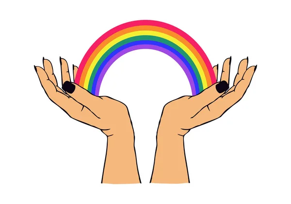 持Lgbtq 彩虹的手的矢量图 女同性恋 男同性恋 双性恋 变性者和同性恋的概念 T恤衫印花 徽章或标志 — 图库矢量图片