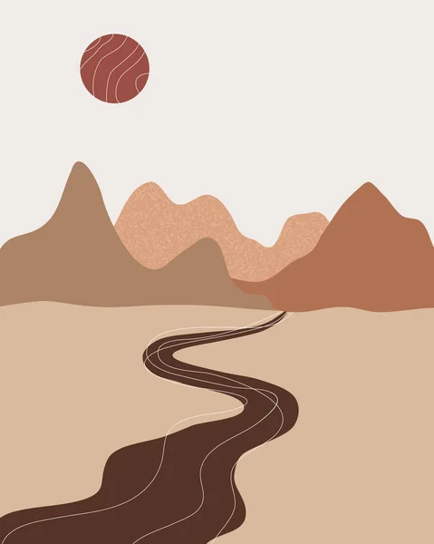 Vecteur Abstrait Paysage Fond Esthétique Contemporaine Avec Montagnes Coucher Soleil — Image vectorielle
