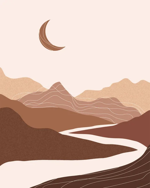 Vector Abstracto Contemporáneo Estética Noche Fondo Paisaje Con Montañas Luna — Archivo Imágenes Vectoriales