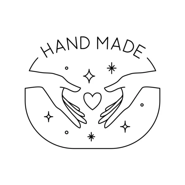 Vector trendy hand made label or badge of gesture in linear modern style isolated. Emblem or logo with hands holding heart and stars - hand made, made with love, donate — Stock Illustration Vector Trendy Hand Made Label Badge Gesture Linear Modern Style Stock Illustration