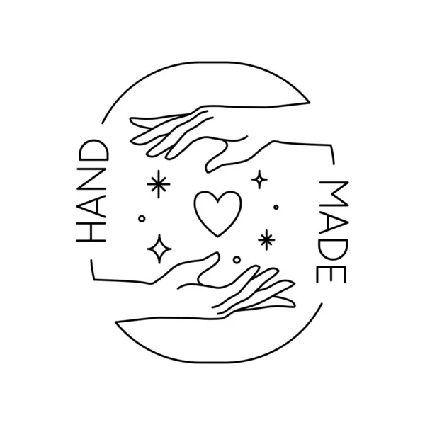 Vector trendy hand made label or badge of gesture in linear modern style isolated. Emblem or logo with hands holding heart and stars - hand made, made with love, donate — Stock Illustration Vector Trendy Hand Made Label Badge Gesture Linear Modern Style Stock Vector