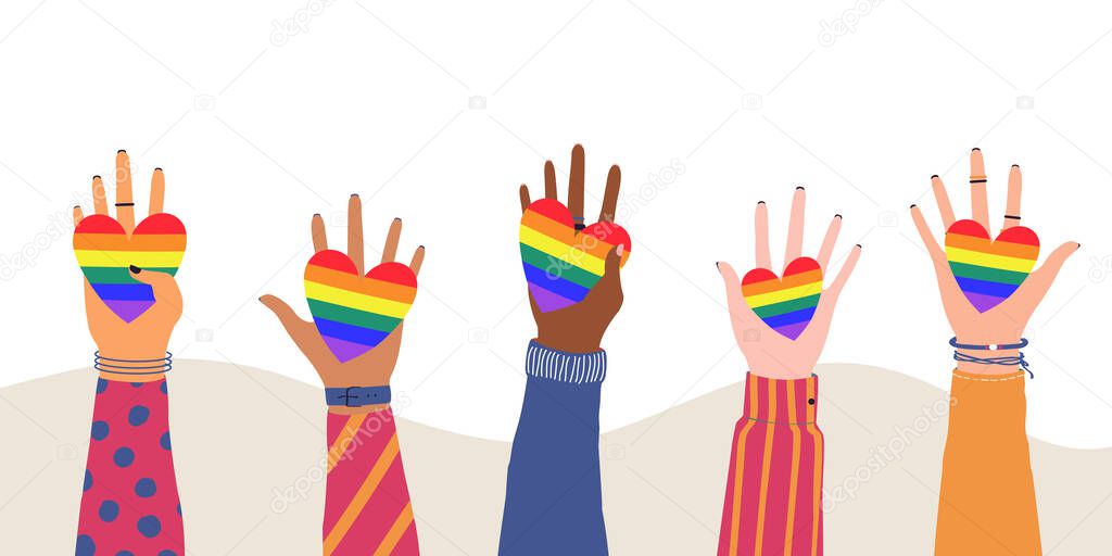 Vector illustration of cartoon flat Hands Holding Hearts with rainbow colors. LGBTQ+  symbol of Love, Freedom, Peace, Lesbian. Gay Pride Community Month
