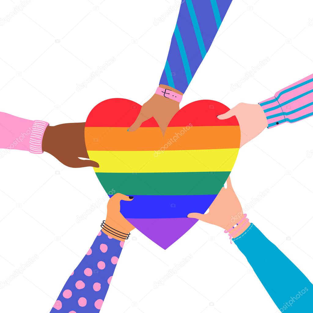 Vector illustration of cartoon flat Hands Holding Heart with rainbow colors. LGBTQ+  symbol of Love, Freedom, Peace, Lesbian. Gay Pride Community Month