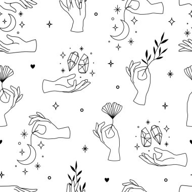 Kadın ellerinin en az çizgisel şekilde kusursuz bir şekli var. El hareketleri, nilüfer çiçeği, ginko yaprağı, kristaller, kozmetik için ay ve yıldızlar, manikür, güzellik, dövme, kaplıca, mücevher