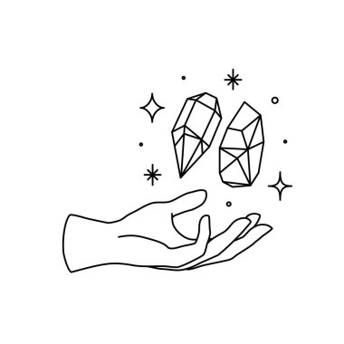 Vektör kadın el logosu, minimal doğrusal bir simge. El hareketleriyle amblem tasarım şablonu kozmetik, manikür, güzellik, dövme, kaplıca, mücevher kristalleri ve yıldızları tutuyor.