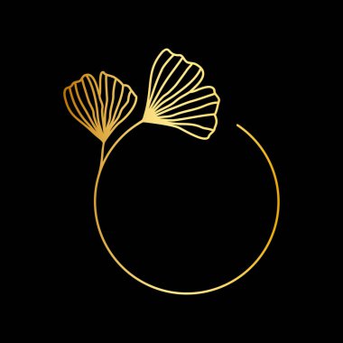 Ginkgo Biloba ile vektör altın çerçeve siyah arka planda izole edilmiş modaya uygun doğrusal yapraklar. Kozmetik, organik ürünler için amblem, rozet, simge veya logo şablonu