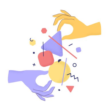 Çizgi filmlerdeki insan ellerinin soyut geometrik elementleri, modayı takip eden desenli gölgelerle tutuşu. Fikir, çözüm, araştırma, işbirliği, iş. İzole edilmiş arkaplan