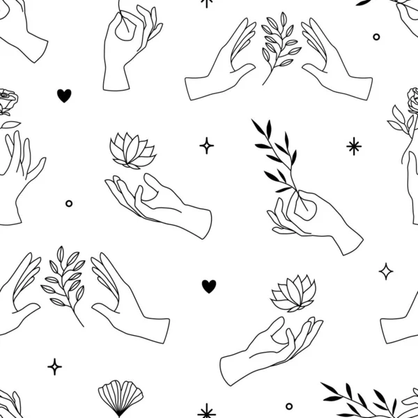 Vector Seamless Pattern Female Hand Icons Minimal Linear Style Backgrounds — Stock Vector