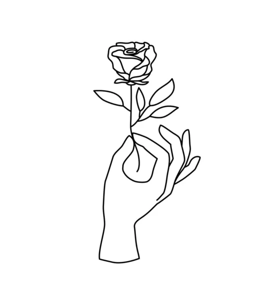 ベクトル女性の手のロゴ 最小限の線形スタイルのアイコン 化粧品 マニキュア 美しさ タトゥー ジュエリーのためのバラの花を保持手ジェスチャーとエンブレムデザインテンプレート — ストックベクタ