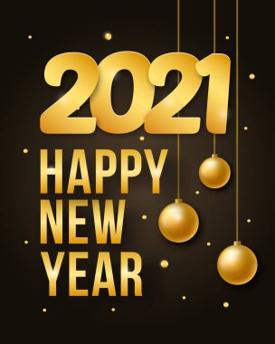 Vektör İllüstrasyonu 2021 3D gerçekçi rakamlar ve altın parıltılı konfetiyle Mutlu Yıllar. Tipografi afişi, tatil geçmişi, sezonluk broşür, davetiye, mutlu noel arabası.