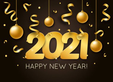 Vektör İllüstrasyonu 2021 3D gerçekçi rakamlar ve altın parıltılı konfetiyle Mutlu Yıllar. Tipografi afişi, tatil geçmişi, sezonluk broşür, davetiye, mutlu noel arabası.