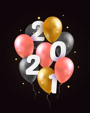 Vektör İllüstrasyonu 2021 Mutlu Yıllar 3 boyutlu gerçekçi balonlar ve 2021 sayılı. Tipografi baskısı posteri, tatil dekorasyonu geçmişi, sezonluk broşür, davetiye, mutlu noeller kartı.