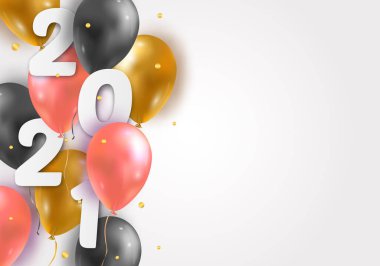 Vektör İllüstrasyonu 2021 Mutlu Yıllar 3 boyutlu gerçekçi balonlar ve 2021 sayılı. Tipografi baskısı posteri, tatil dekorasyonu geçmişi, sezonluk broşür, davetiye, mutlu noeller kartı.