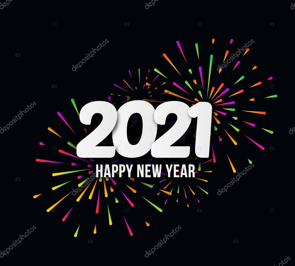 Vector Illustration 2021 HAPPY NEW YEAR with festive typographic composition and multicolored fireworks. Poster, banner, greeting card for print, template design for Merry Christmas, Year of the Ox