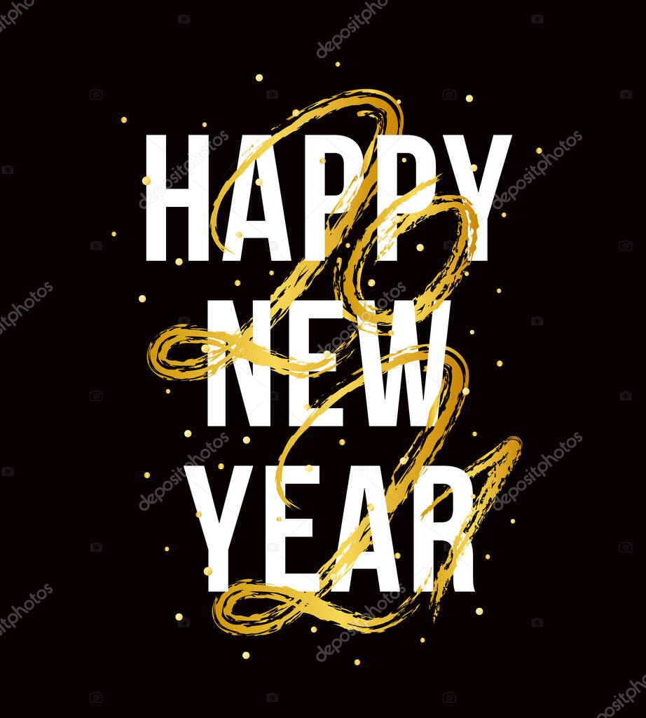 Vector Illustration 2021 HAPPY NEW YEAR of the Ox hand drawn text lettering with gold sparkle glitter, confetti. Typography poster, banner, greeting card, print, template design for Merry Christmas