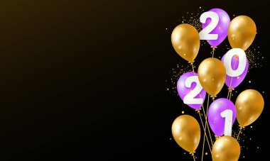 Vektör İllüstrasyonu 2021 Mutlu Yıllar 3 boyutlu gerçekçi balonlar ve 2021 sayılı. Tipografi baskısı posteri, tatil dekorasyonu geçmişi, sezonluk broşür, davetiye, mutlu noeller kartı.