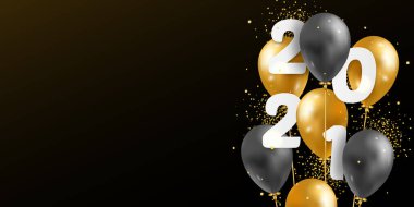 Vektör İllüstrasyonu 2021 Mutlu Yıllar 3 boyutlu gerçekçi balonlar ve 2021 sayılı. Tipografi baskısı posteri, tatil dekorasyonu geçmişi, sezonluk broşür, davetiye, mutlu noeller kartı.