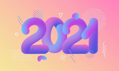 Vektör Illustration 2021 Mutlu Yıllar el çizimi yuvarlak geometrik metin harfleri. Tipografi posteri, afiş, tebrik kartı, baskı, Mutlu Noeller ve Öküz Yılı için şablon