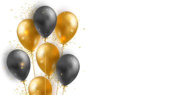 3 boyutlu parlak helyum balonları ve parlak konfetiyle vektör arkaplan. Baskı, poster, yeni yıl, sevgililer günü, yıldönümü, kutlama, düğün, etkinlik için şablon