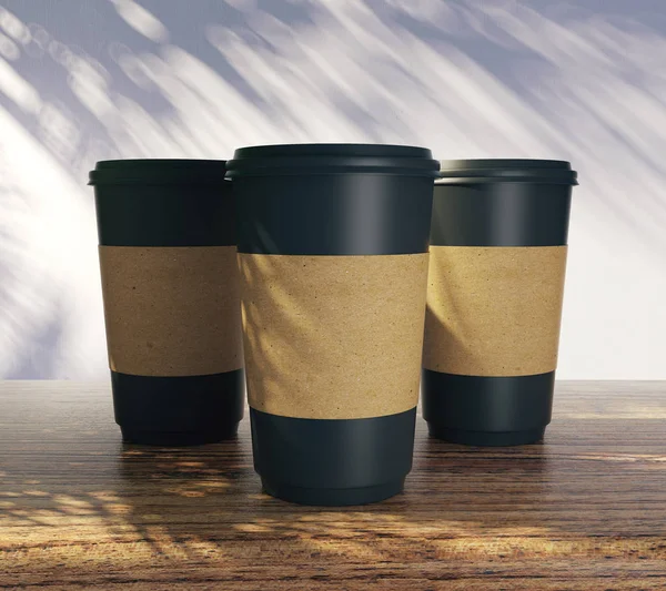 Blank Emporter Tasses Café Avec Ombre Palmier Publicité Boutique Concept — Photo