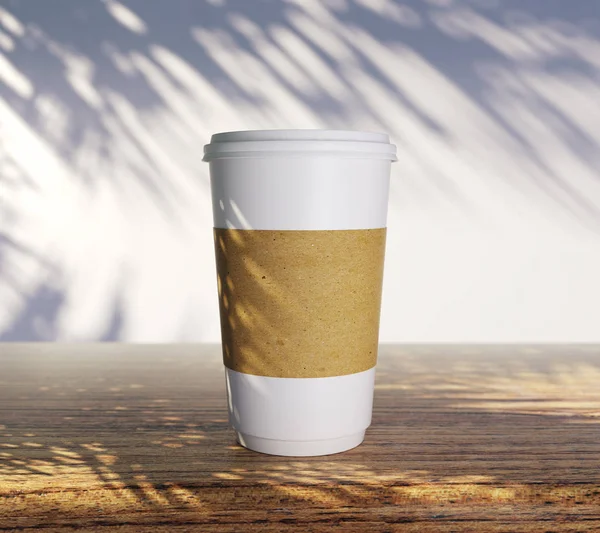 Üres Take Away Kávéscsésze Palm Árnyéka Reklám Üzlet Pihenés Fogalmát — Stock Fotó