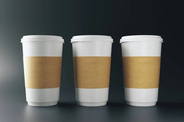 Empty three white paper coffee cups on darl background. Take out restaurant and ad concept. Mock up, 3D Rendering